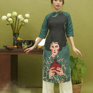 ao dai gam in co gai xanh la 1