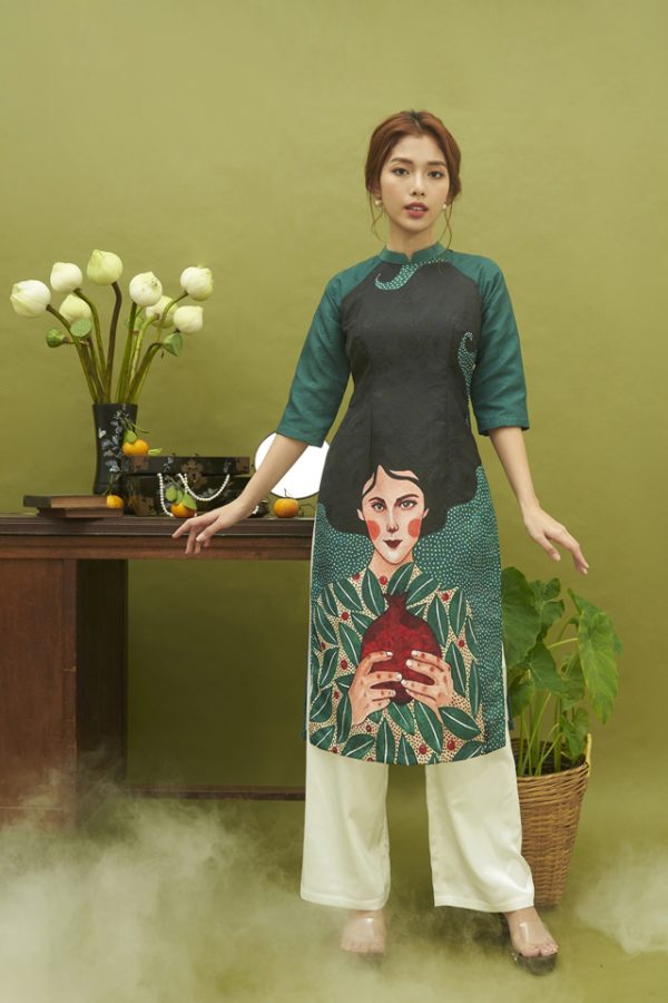 ao dai gam in co gai xanh la 1